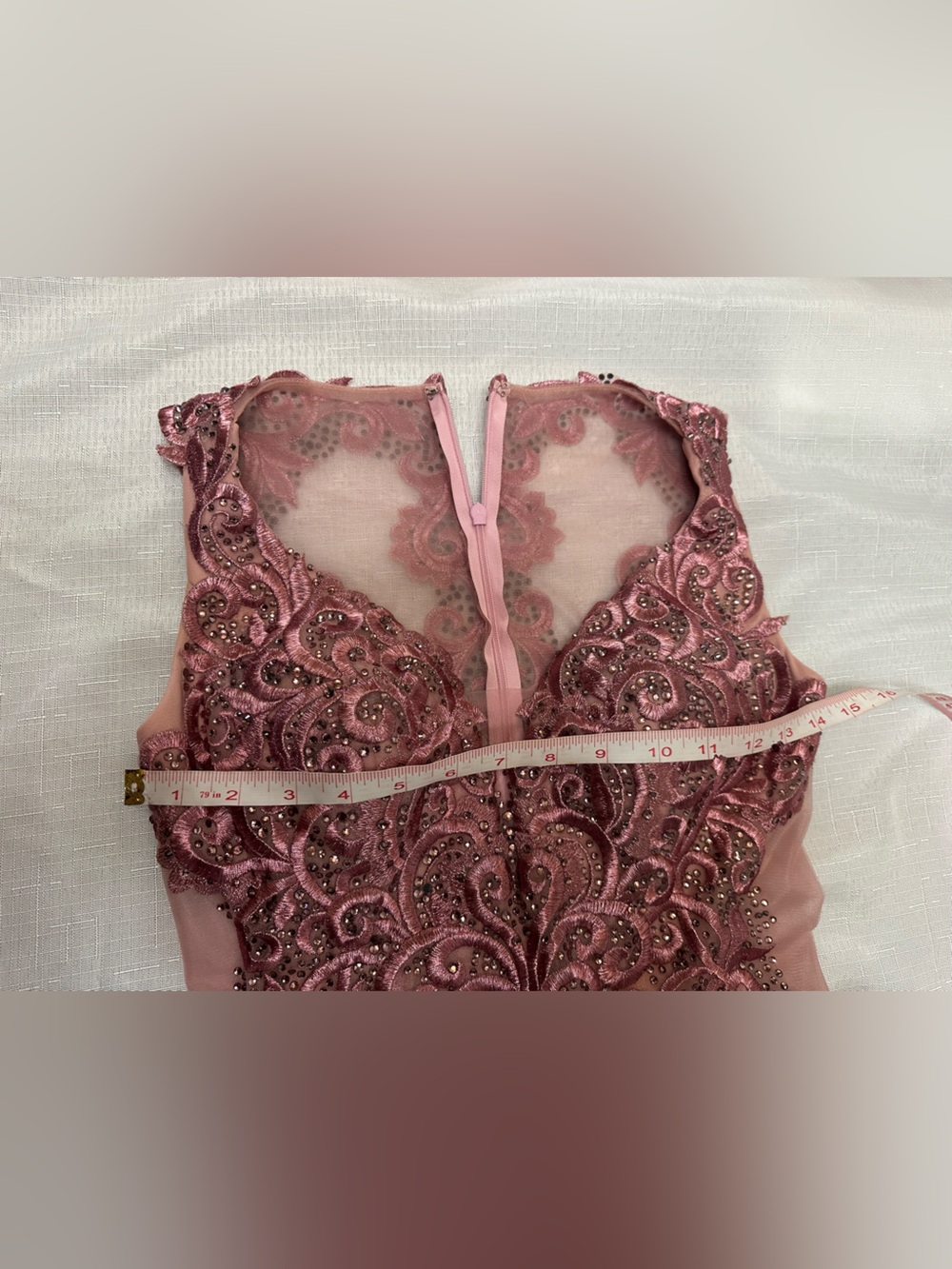 Mori Lee Rose Pink Beaded V-Neck Mini Dress - Picture 9 of 16